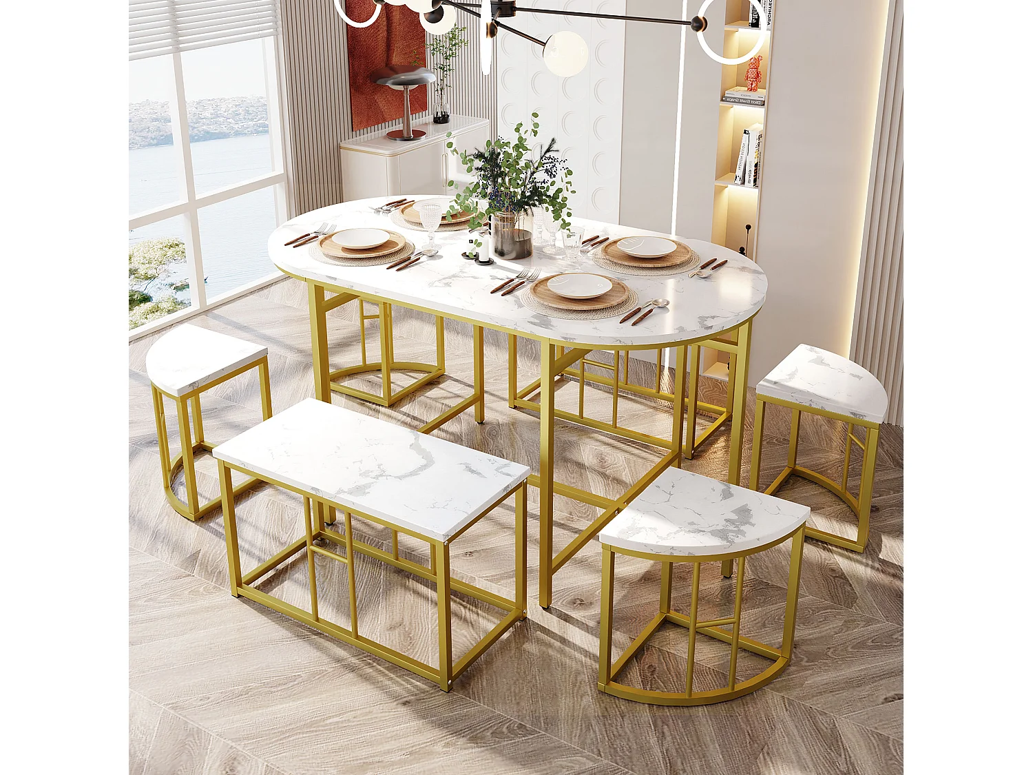 Conjunto de mesa y 6 sillas - 4 taburetes + 2 bancos - sillas con cojín de asiento - estructura de metal - Dorado