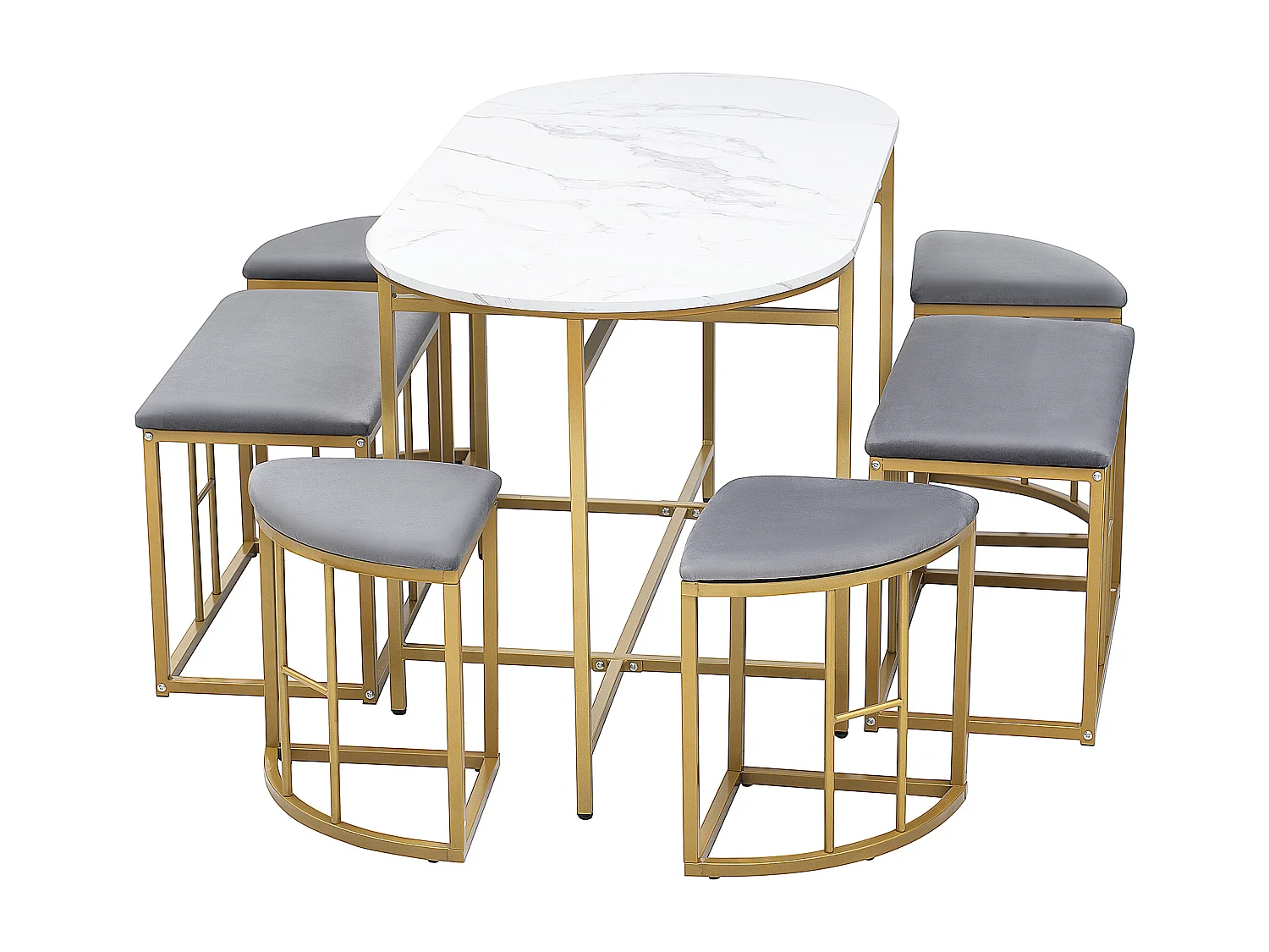 Conjunto de mesa y 6 sillas - 4 taburetes + 2 bancos - sillas con cojín de asiento - estructura de metal - Dorado