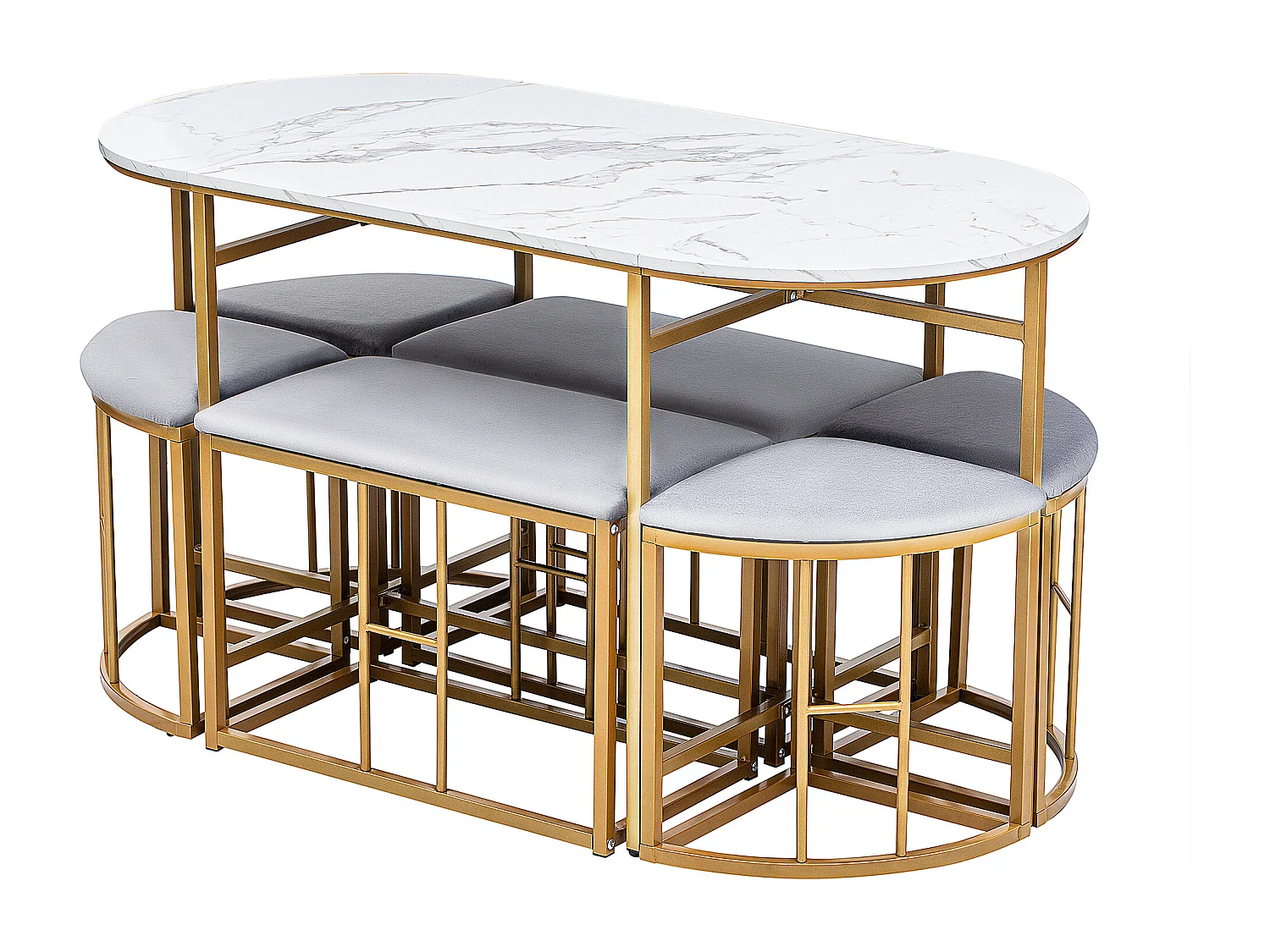 Conjunto de mesa y 6 sillas - 4 taburetes + 2 bancos - sillas con cojín de asiento - estructura de metal - Dorado
