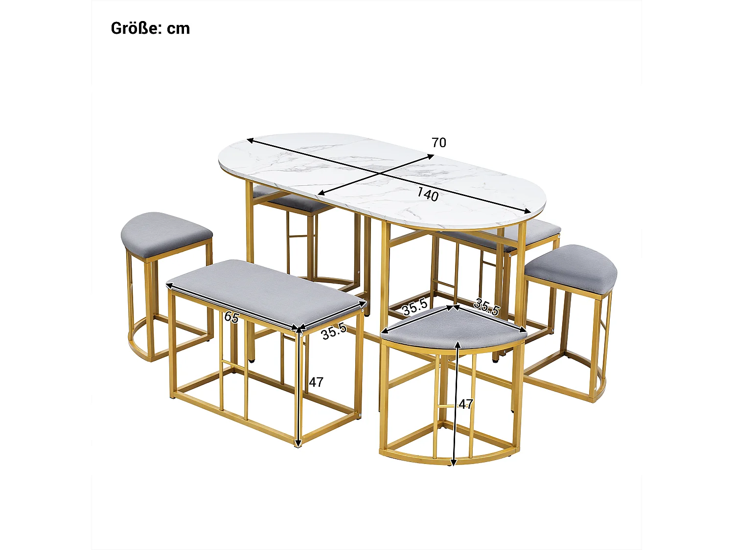 Conjunto de mesa y 6 sillas - 4 taburetes + 2 bancos - sillas con cojín de asiento - estructura de metal - Dorado