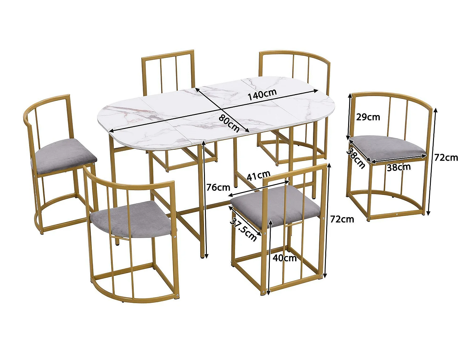 Essgruppe + 6 Stühle – Stühle mit Sitzkissen und Rückenlehne – Gold