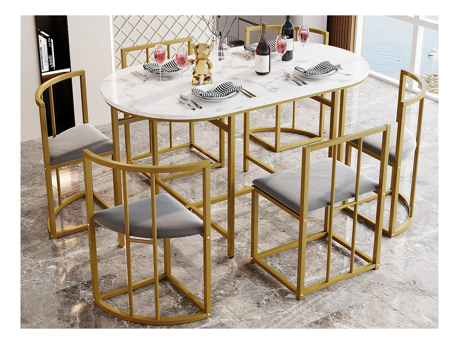 Ensemble table et 6 chaises - chaises avec coussin d'assise et dossier - doré