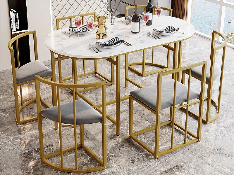 Ensemble table et 6 chaises - chaises avec coussin d'assise et dossier - doré