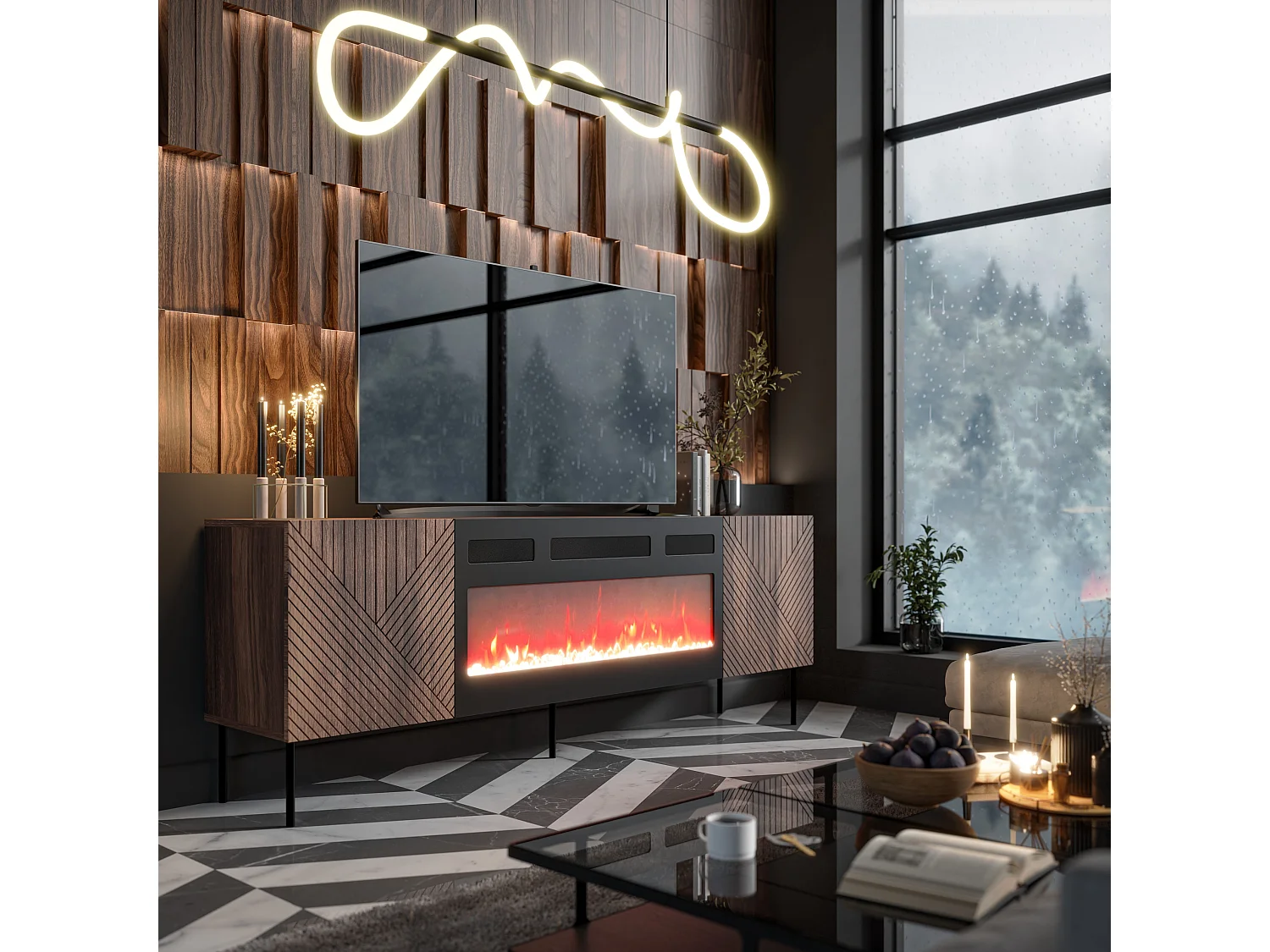 Mobile TV NOCCIOLA 190 cm 4D ante fresate Noce Warmian con camino elettrico