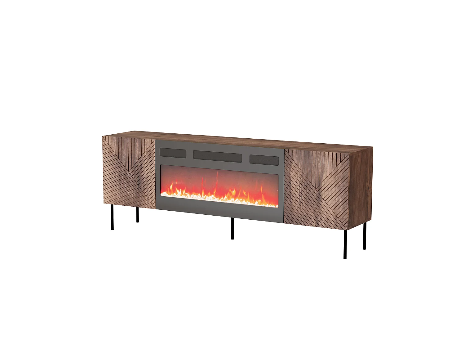 Meuble TV NOCCIOLA 190 cm 2D1K façades fraisées Noyer Warmian avec cheminée électrique