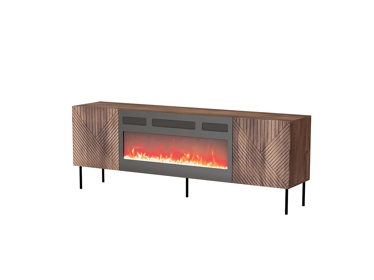 Meuble TV NOCCIOLA 190 cm 2D1K façades fraisées Noyer Warmian avec cheminée électrique