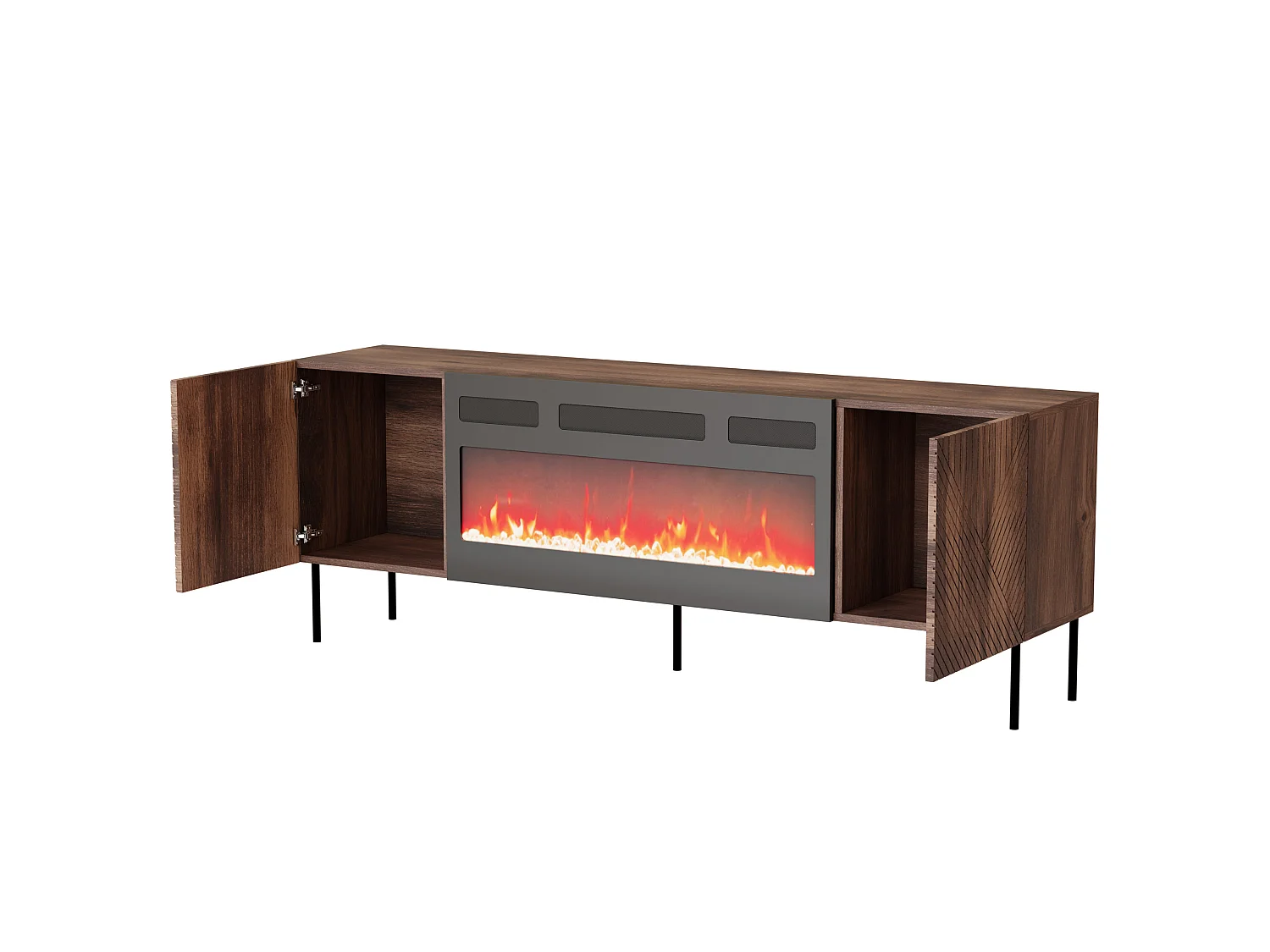 Meuble TV NOCCIOLA 190 cm 2D1K façades fraisées Noyer Warmian avec cheminée électrique