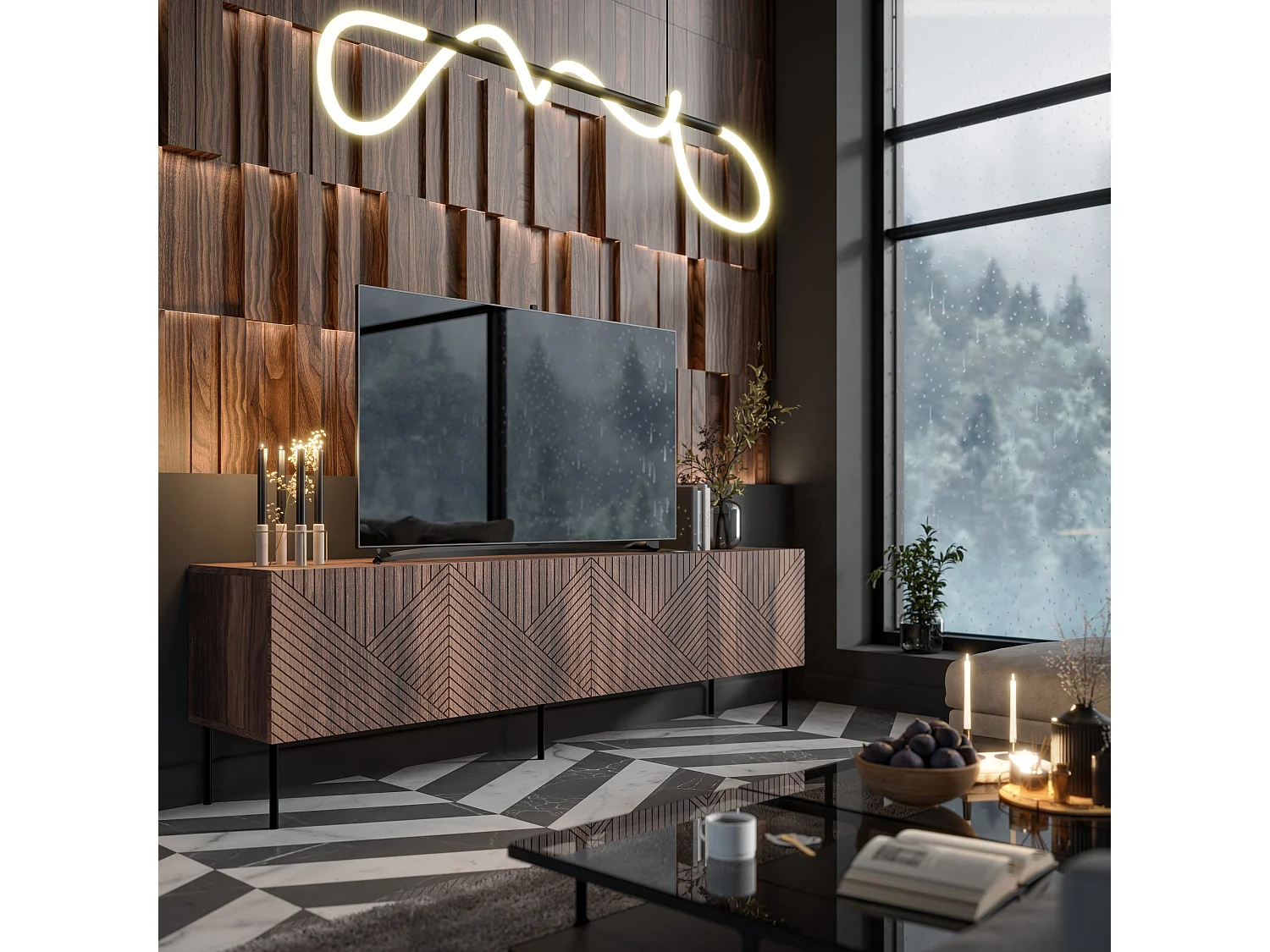 Meuble TV NOCCIOLA 190 cm 4D façades fraisées Noyer Warmian