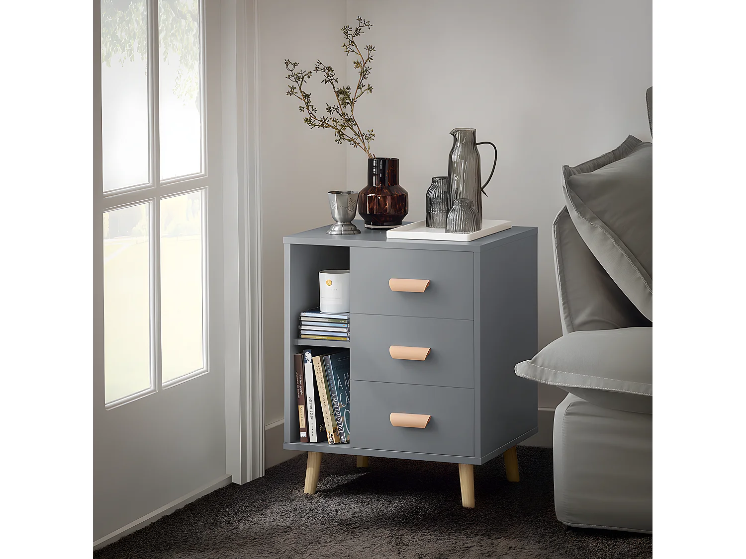 SoBuy Bijzettafel Bijzettafel Nachtkastje Nachtkastje met 3 Laden en 2 Opbergplanken - Grijs, 48x40x60 cm, FBT95-HG