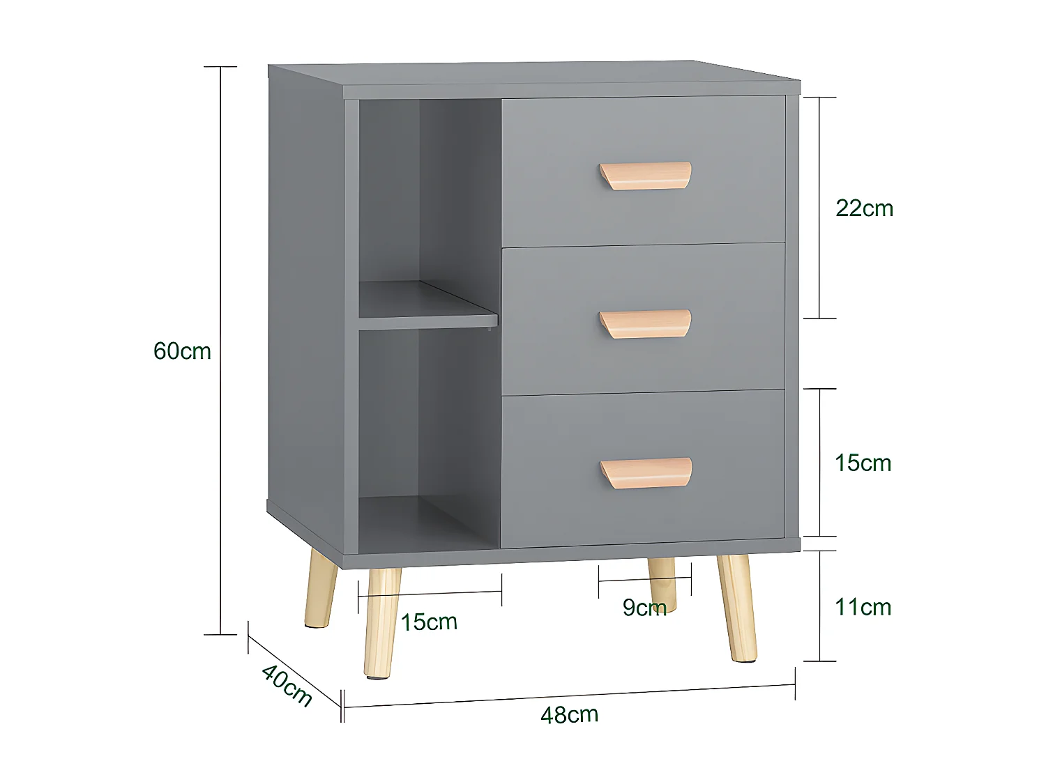 SoBuy Table d’Appoint Bout de Canapé Table de Chevet Table de Nuit avec 3 tiroirs et 2 étagères de Rangement - Gris, 48x40x60 cm, FBT95-HG