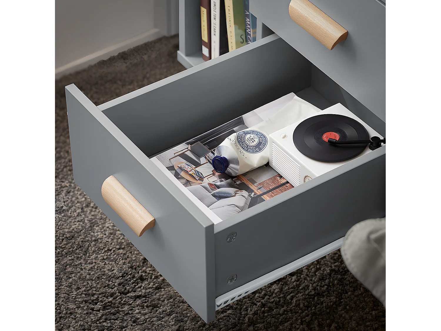 SoBuy Table d’Appoint Bout de Canapé Table de Chevet Table de Nuit avec 3 tiroirs et 2 étagères de Rangement - Gris, 48x40x60 cm, FBT95-HG