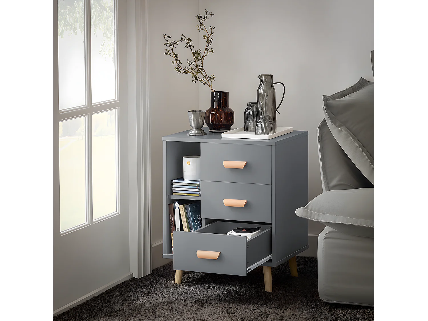 SoBuy Table d’Appoint Bout de Canapé Table de Chevet Table de Nuit avec 3 tiroirs et 2 étagères de Rangement - Gris, 48x40x60 cm, FBT95-HG