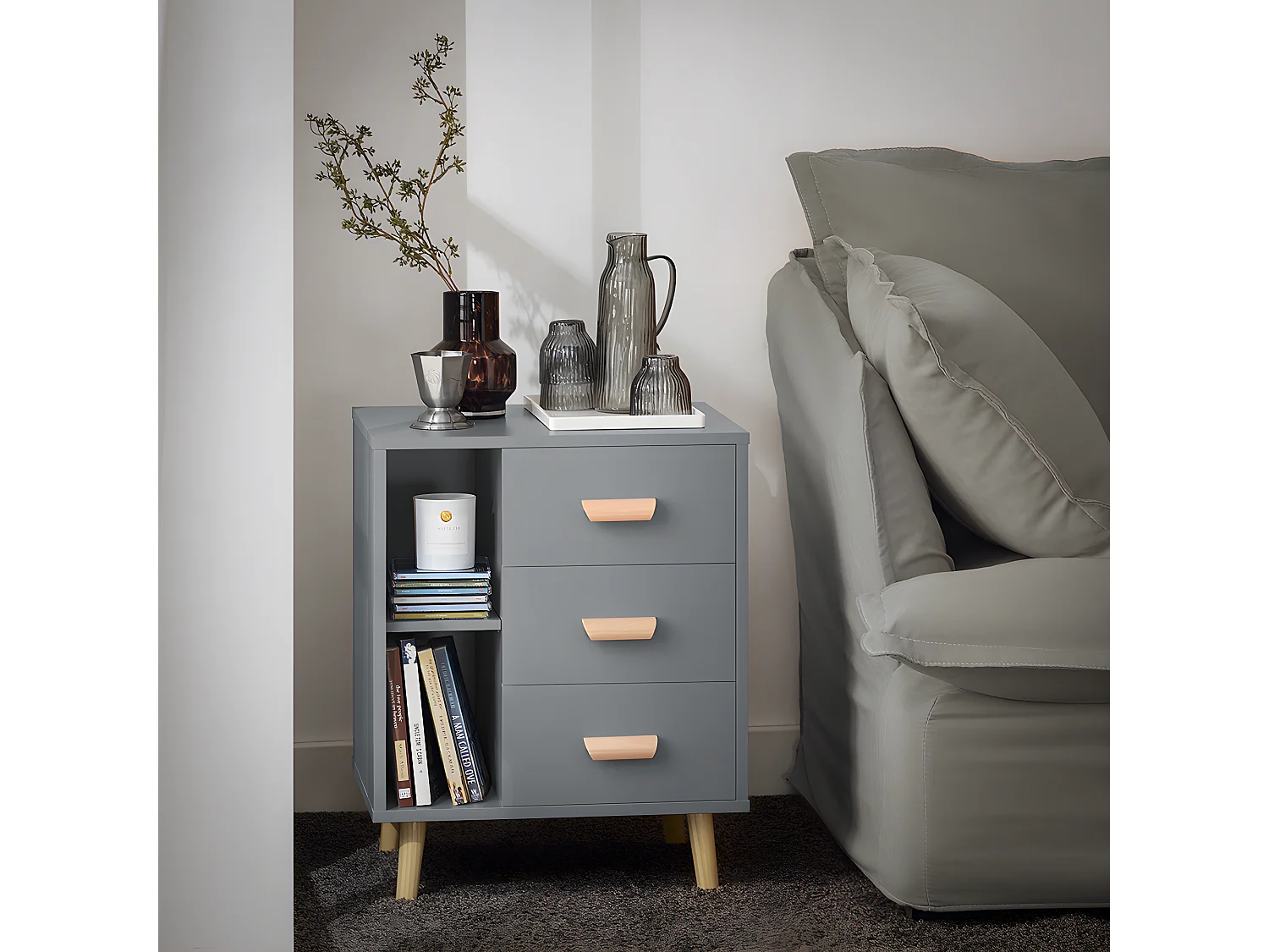 SoBuy Table d’Appoint Bout de Canapé Table de Chevet Table de Nuit avec 3 tiroirs et 2 étagères de Rangement - Gris, 48x40x60 cm, FBT95-HG