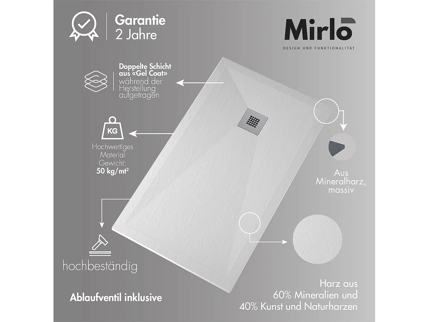 Mineralguss-Duschwanne extra flach ARCO Schieferoptik SAND 70x110 cm