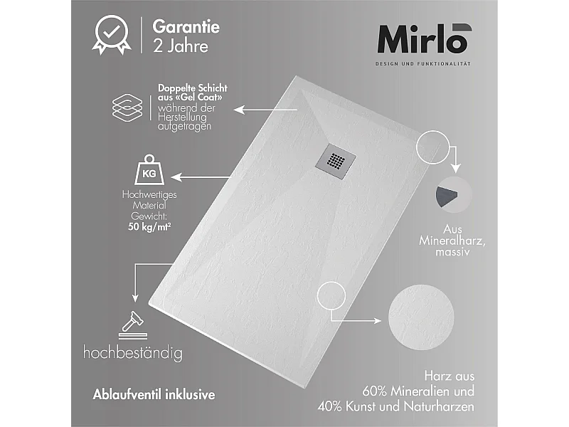 Mineralguss-Duschwanne extra flach ARCO Schieferoptik WEIß 70x210 cm