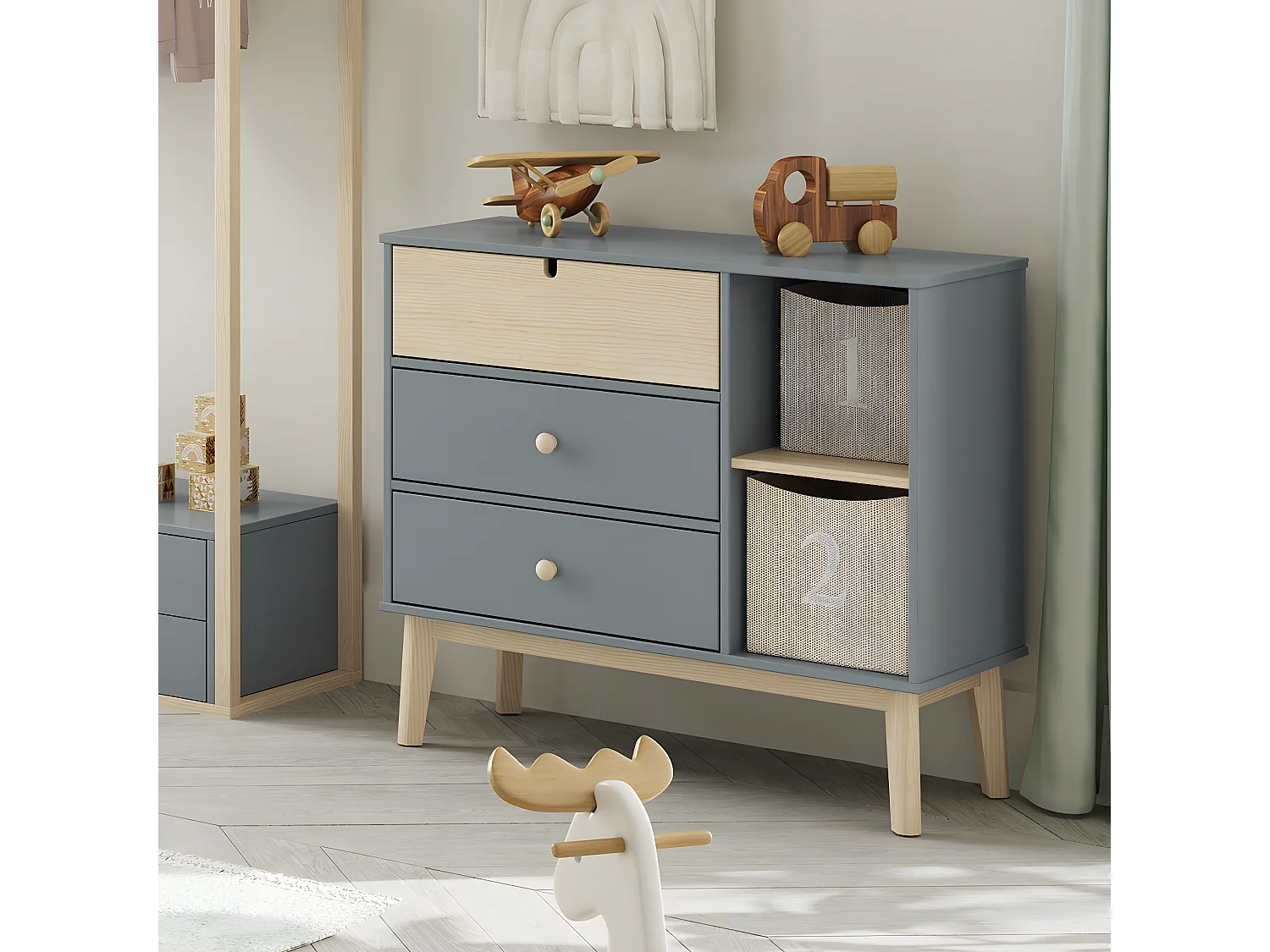 Commode 3 tiroirs 2 niches blanc / vert kaki 100 cm - Lucy