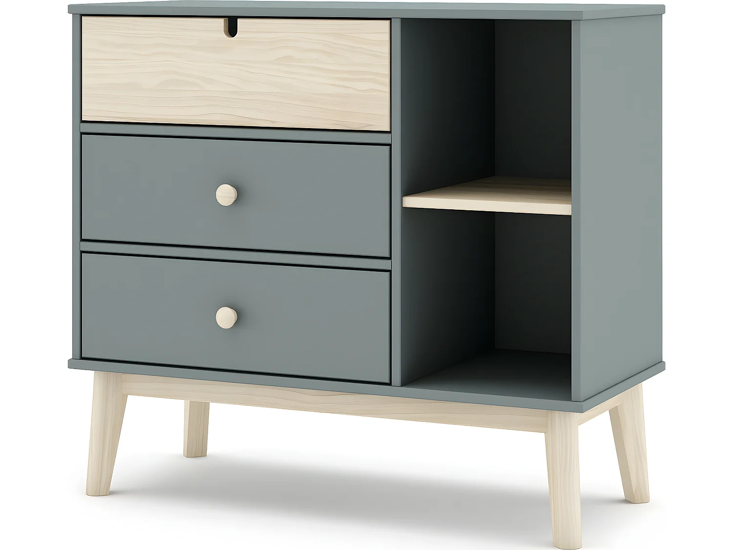 Commode 3 tiroirs 2 niches blanc / vert kaki 100 cm - Lucy