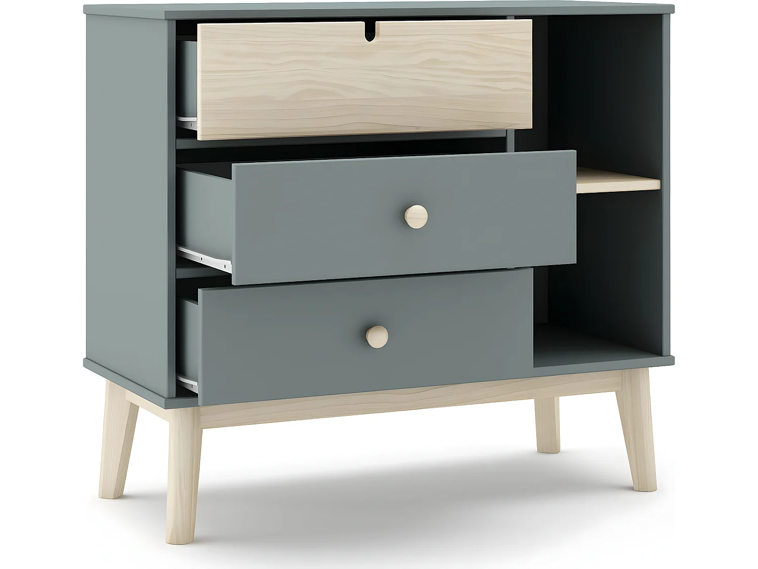 Commode 3 tiroirs 2 niches blanc / vert kaki 100 cm - Lucy