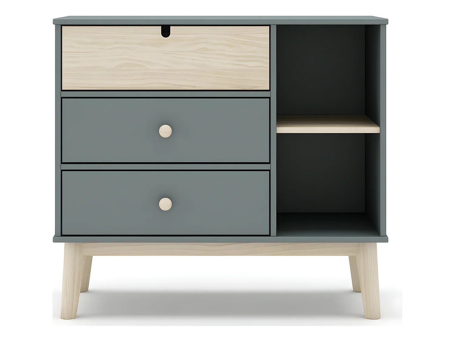 Commode 3 tiroirs 2 niches blanc / vert kaki 100 cm - Lucy