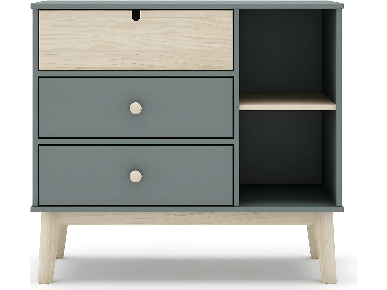 Commode 3 tiroirs 2 niches blanc / vert kaki 100 cm - Lucy