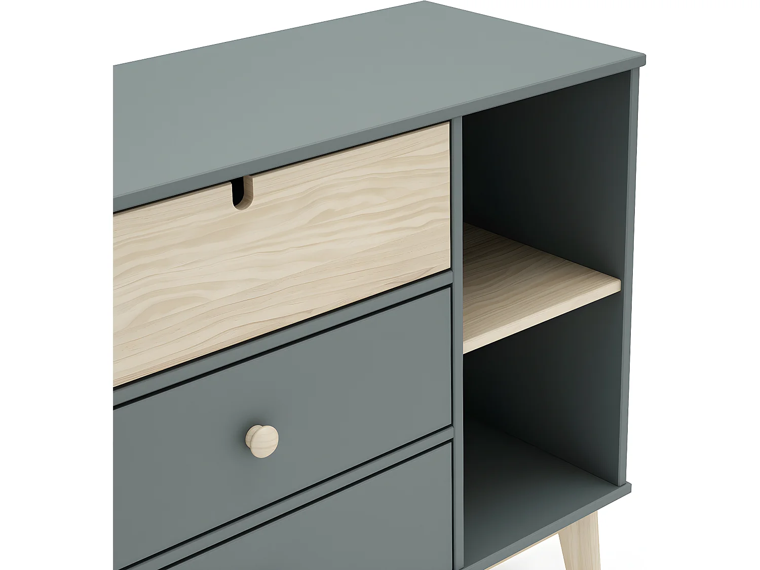 Commode 3 tiroirs 2 niches blanc / vert kaki 100 cm - Lucy