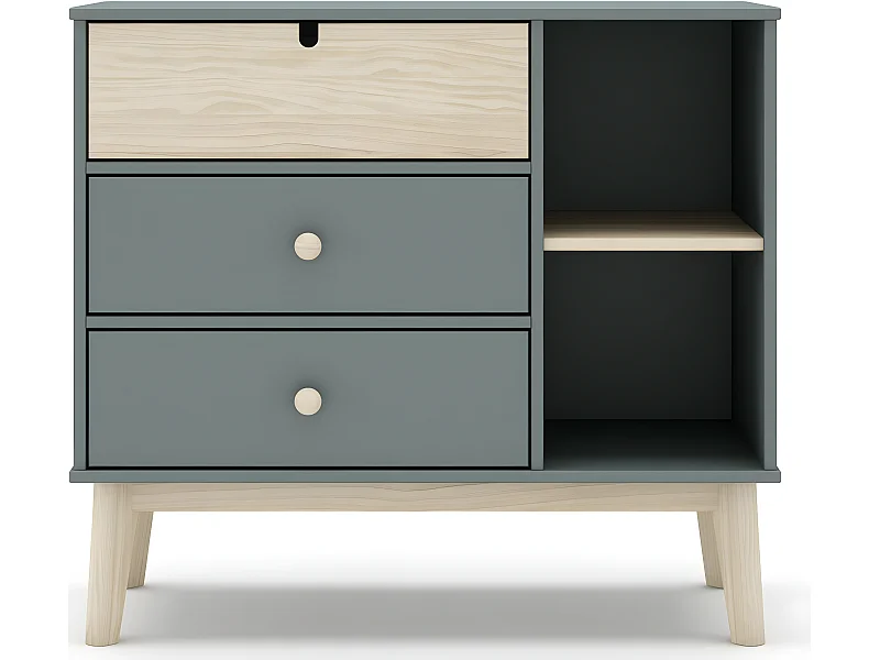 Commode 3 tiroirs 2 niches blanc / vert kaki 100 cm - Lucy