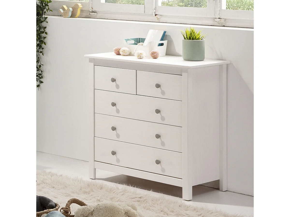 Commode 5 tiroirs en pin massif blanc 79 cm - Elton