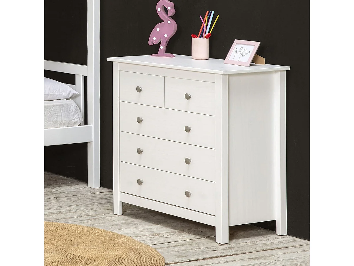 Commode 5 tiroirs en pin massif blanc 79 cm - Elton