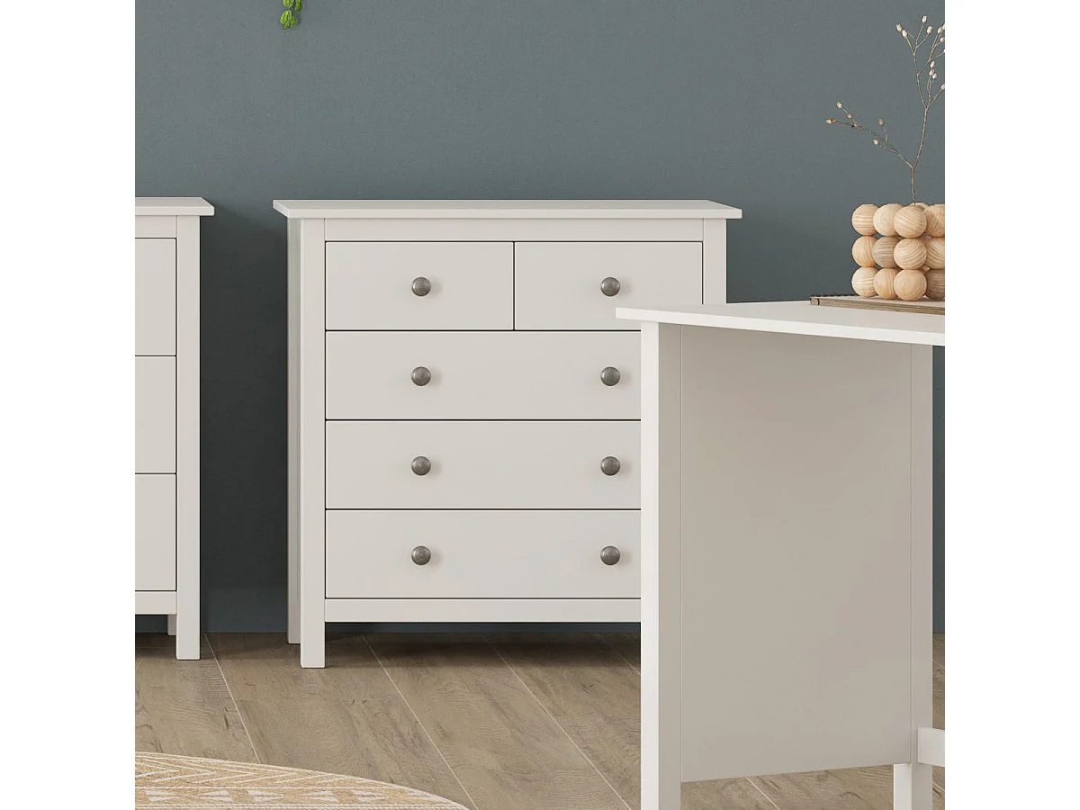 Commode 5 tiroirs en pin massif blanc 79 cm - Elton