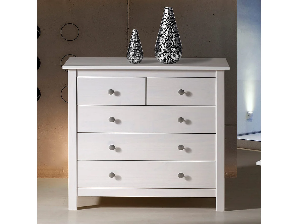 Commode 5 tiroirs en pin massif blanc 79 cm - Elton