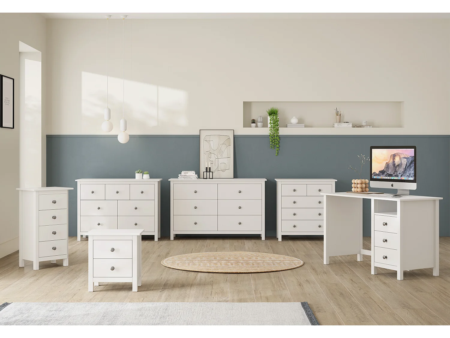 Commode 5 tiroirs en pin massif blanc 79 cm - Elton