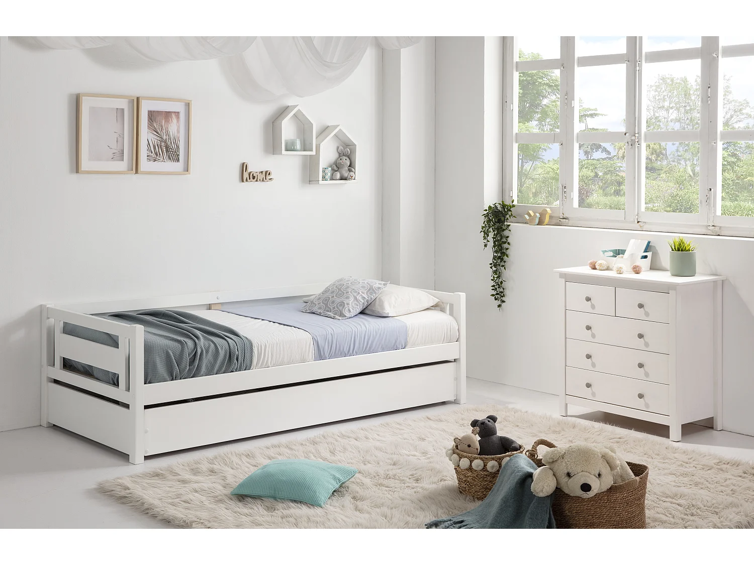 Commode 5 tiroirs en pin massif blanc 79 cm - Elton