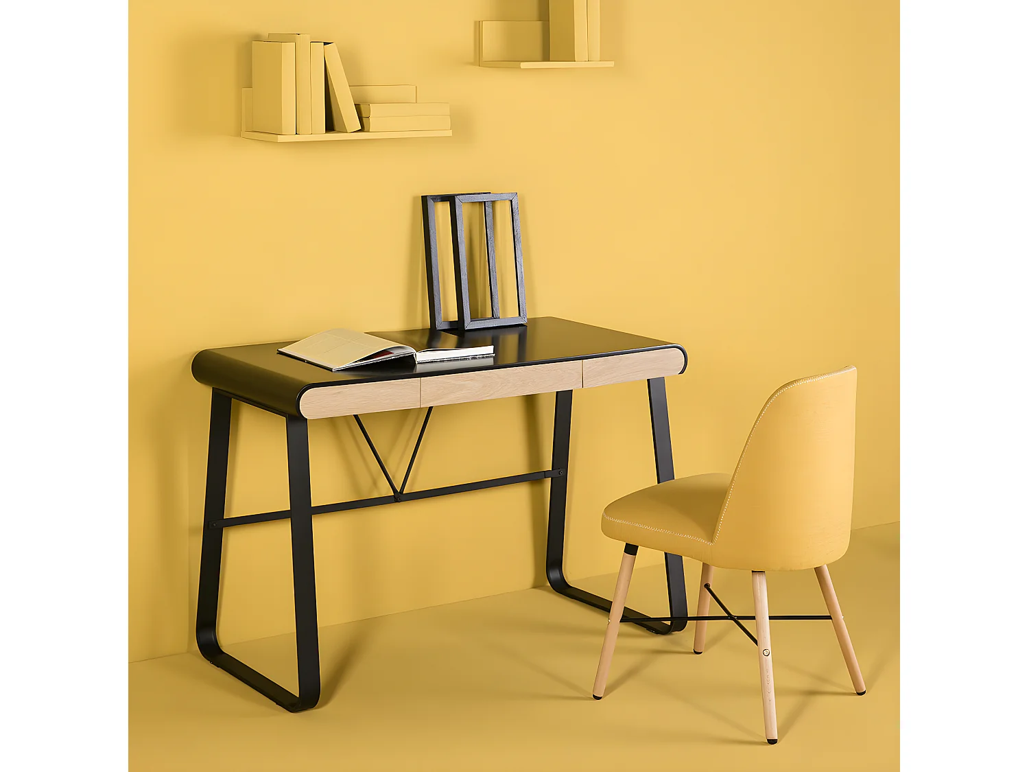 Bureau 3 tiroirs noir / effet chêne 110 cm - Aya