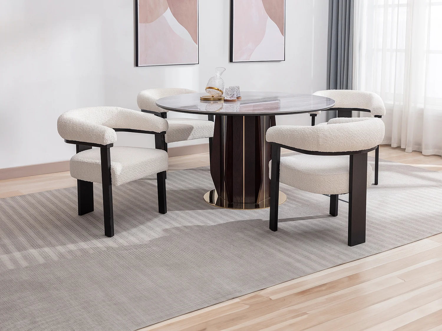 Chaise avec accoudoirs en tissu bouclette et bois d'hévéa noir - Blanc - LIVELIA de Pascal MORABITO