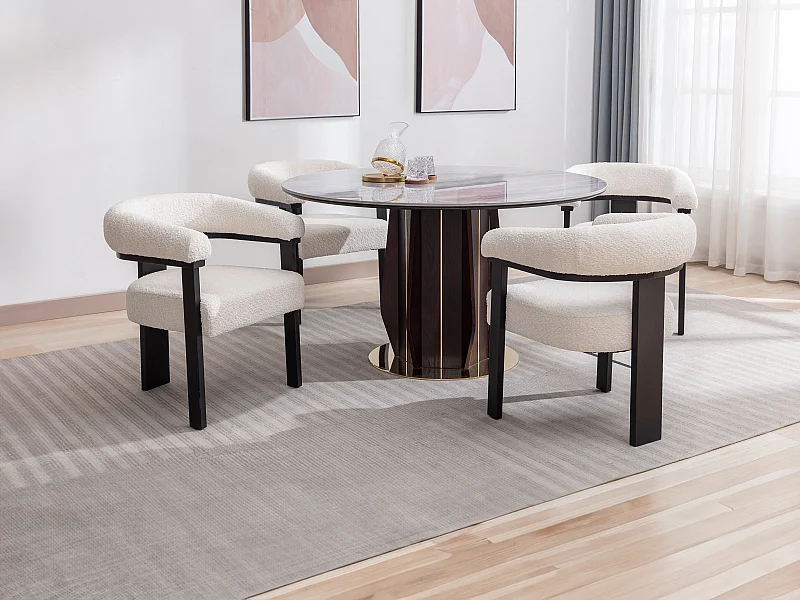 Chaise avec accoudoirs en tissu bouclette et bois d'hévéa noir - Blanc - LIVELIA de Pascal MORABITO