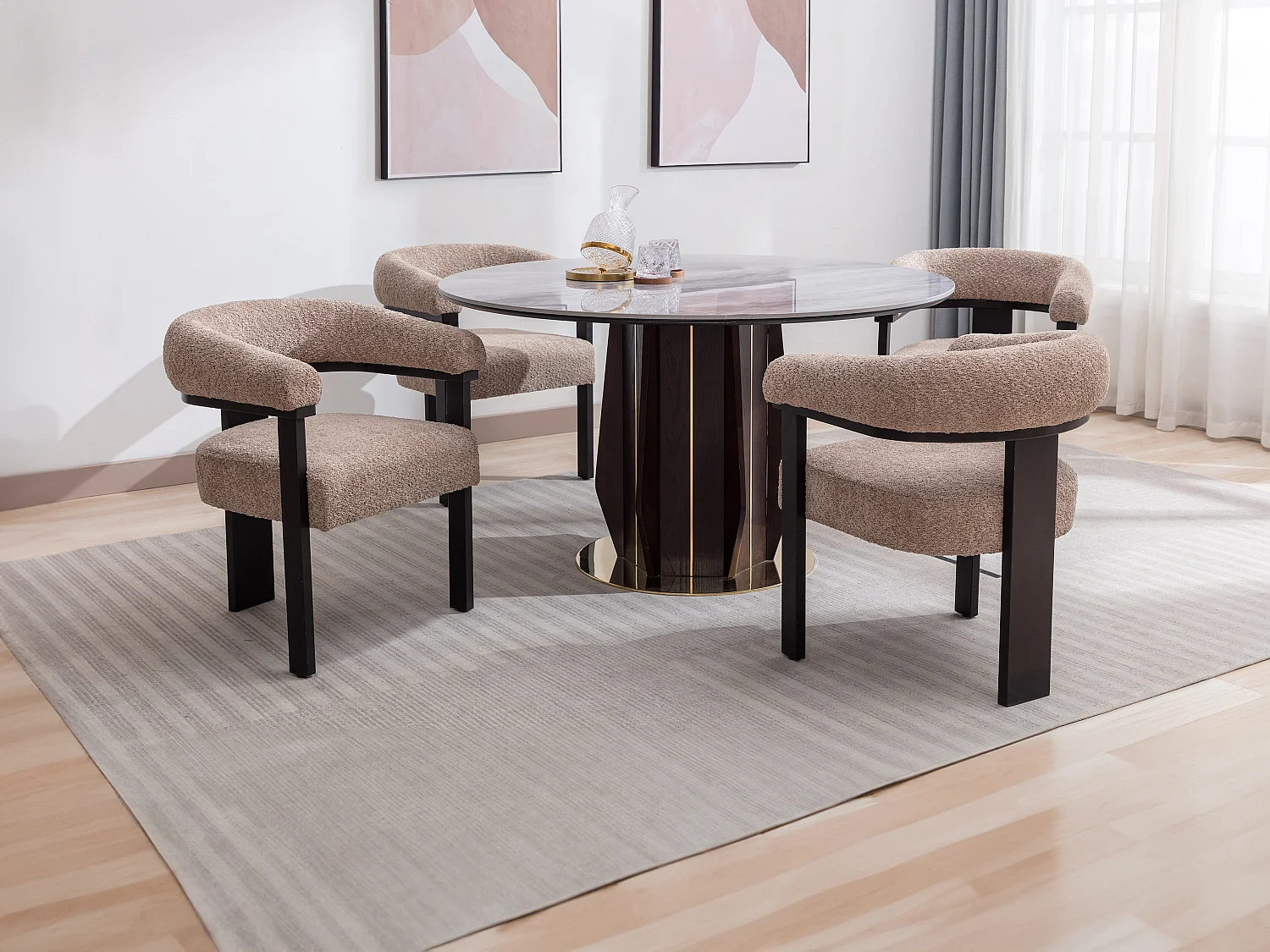 Silla con reposabrazos en tejido bouclé y madera de hevea - Topo y negro - LIVELIA