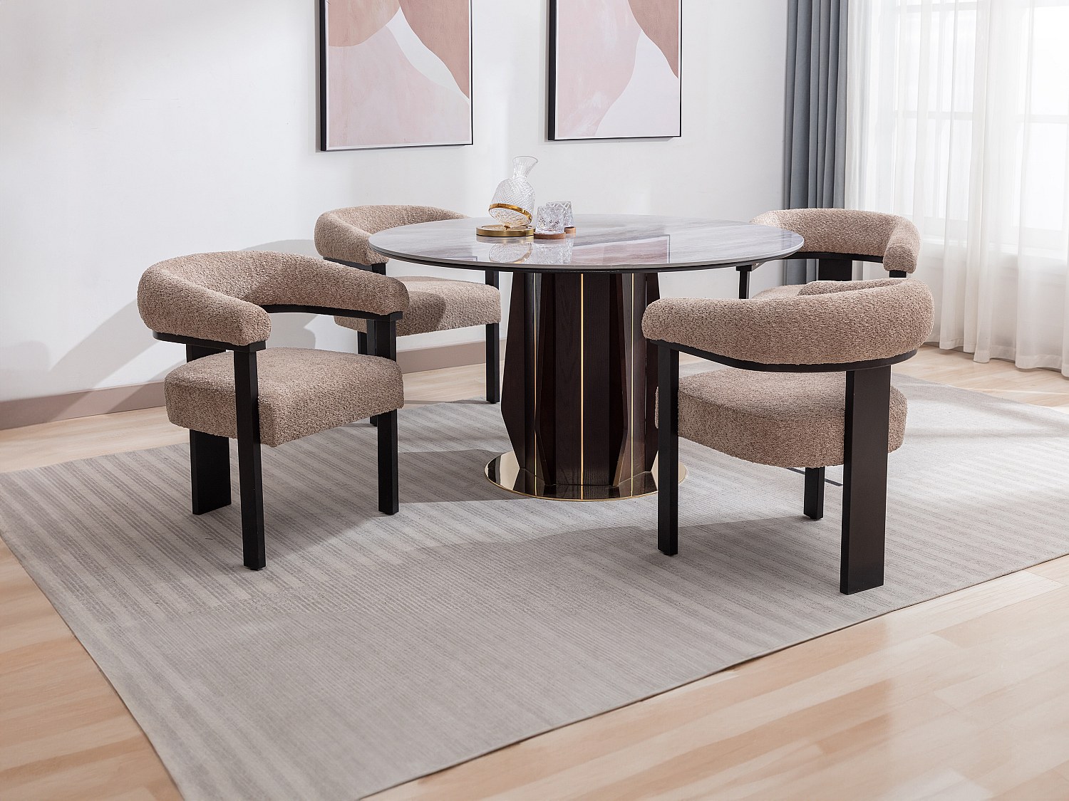 Stuhl mit Armlehnen - Bouclé-Stoff & Kautschukholz - Taupe & Schwarz - LIVE günstig online kaufen