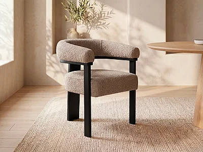 Chaise avec accoudoirs en tissu bouclette et bois d'hévéa noir - Taupe - LIVELIA
