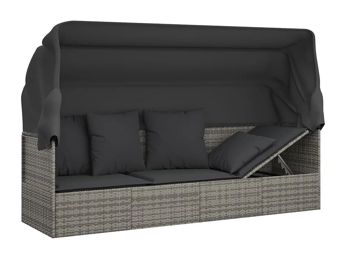 Lettino lounge da esterno con tetto e cuscini in resina intrecciata grigia 02_0012020