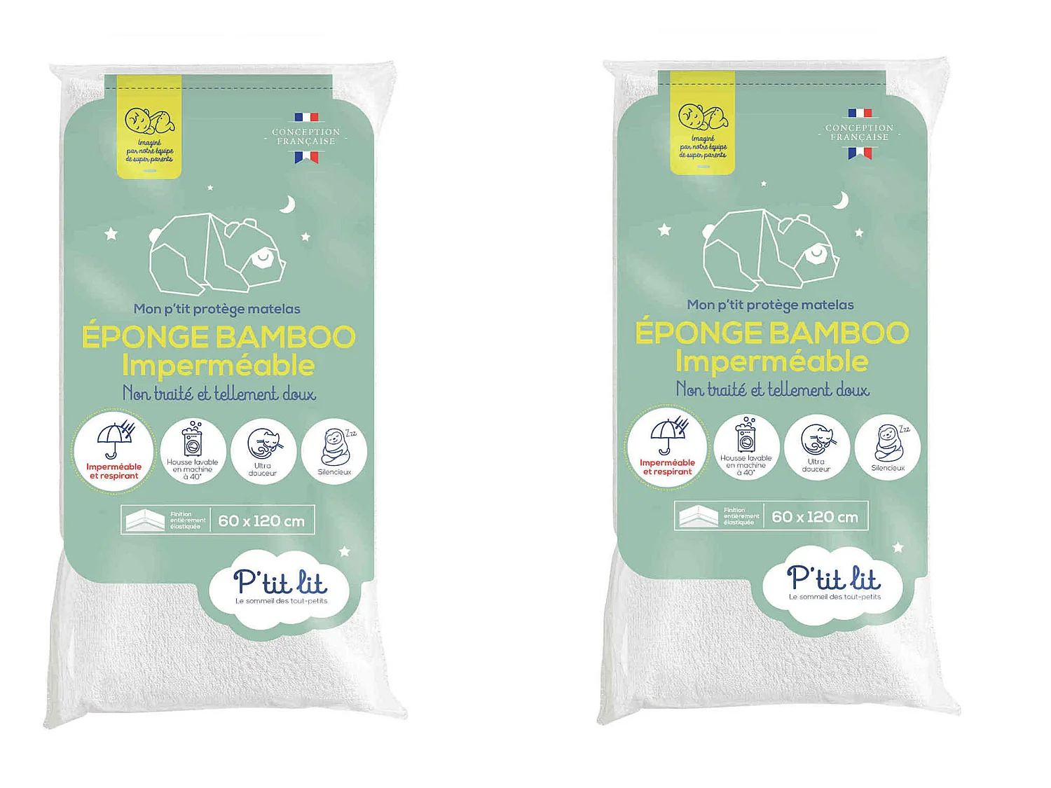 Lot de 2 protège matelas bébé imperméables éponge Bamboo sans traitement 70x140 cm