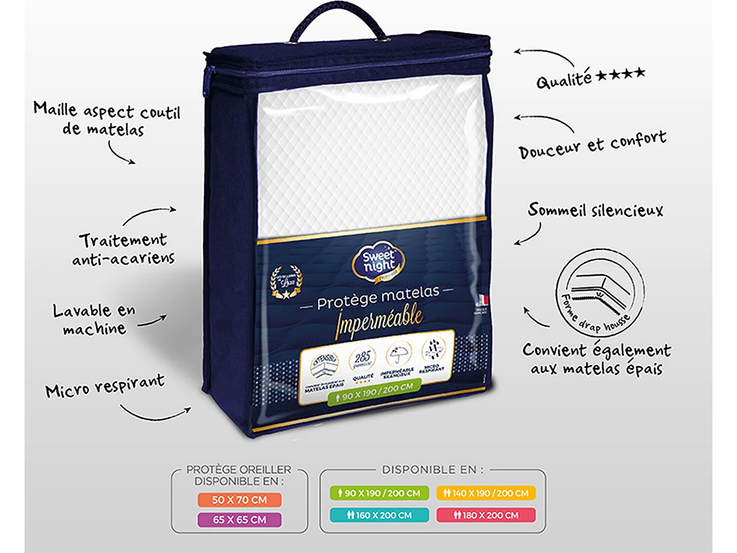 Protège matelas très épais coton extensible anti-acariens imperméable soyeux et respirant qualité hôtellerie de luxe 90x190/200