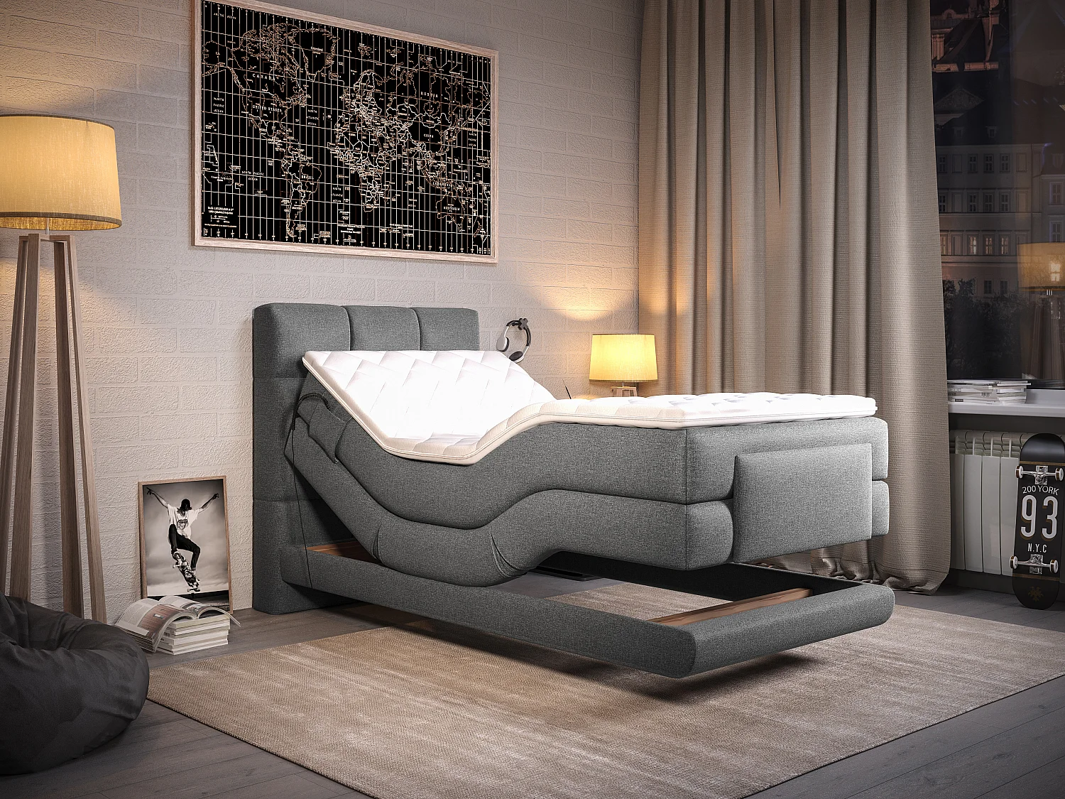 Ensemble complet boxspring tête de lit capitonnée + sommiers relaxation électrique + matelas + surmatelas - 100 x 200 cm - Tissu - Gris clair - LODI de PALACIO