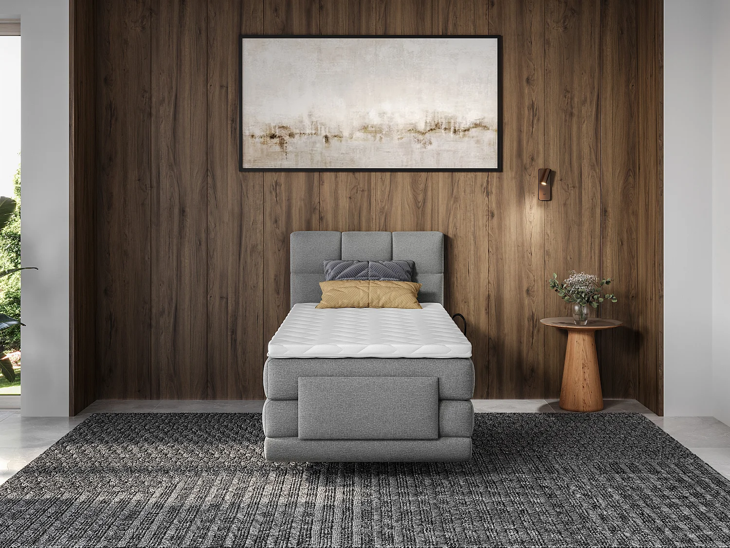 Complete boxspringset met gestoffeerd hoofdbord – Met elektrische relaxbedbodems – Met matras – Met topmatras – 100 x 200 cm – Stoffen bekleding – Lichtgrijs – LODI van PALACIO