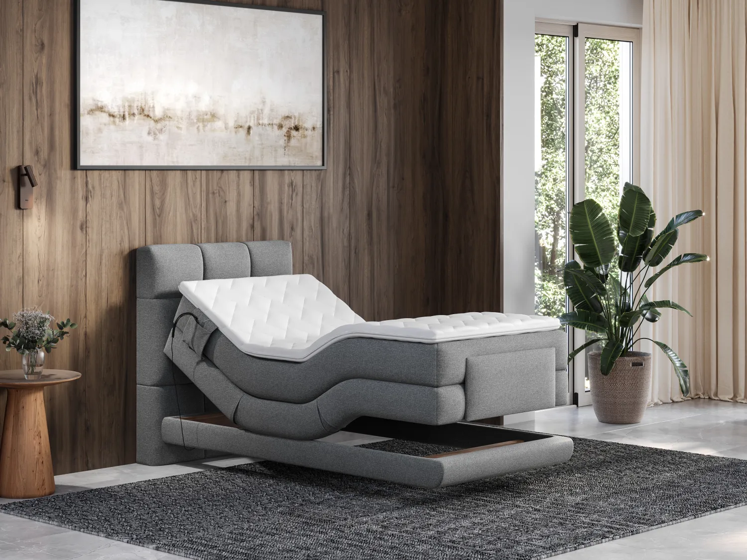 Complete boxspringset met gestoffeerd hoofdbord – Met elektrische relaxbedbodems – Met matras – Met topmatras – 100 x 200 cm – Stoffen bekleding – Lichtgrijs – LODI van PALACIO