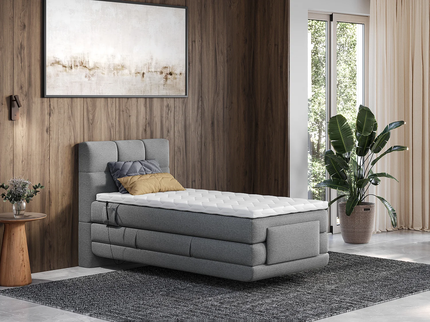 Ensemble complet boxspring tête de lit capitonnée + sommiers relaxation électrique + matelas + surmatelas - 100 x 200 cm - Tissu - Gris clair - LODI de PALACIO