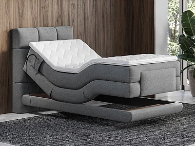Ensemble complet boxspring tête de lit capitonnée + sommiers relaxation électrique + matelas + surmatelas - 100 x 200 cm - Tissu - Gris clair - LODI de PALACIO