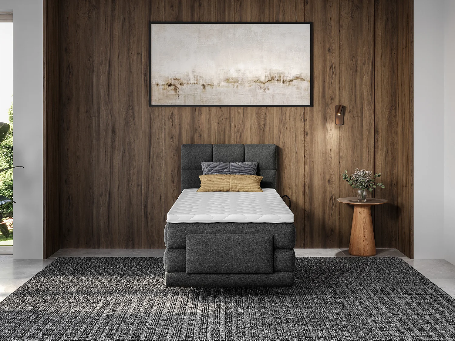 Complete boxspringset met gestoffeerd hoofdbord – Elektrische relaxbedbodems – Met matras – Met topmatras - 100 x 200 cm – Antraciet – LODI van PALACIO