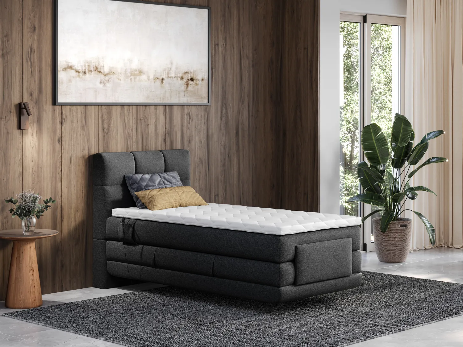 Complete boxspringset met gestoffeerd hoofdbord – Elektrische relaxbedbodems – Met matras – Met topmatras - 100 x 200 cm – Antraciet – LODI van PALACIO