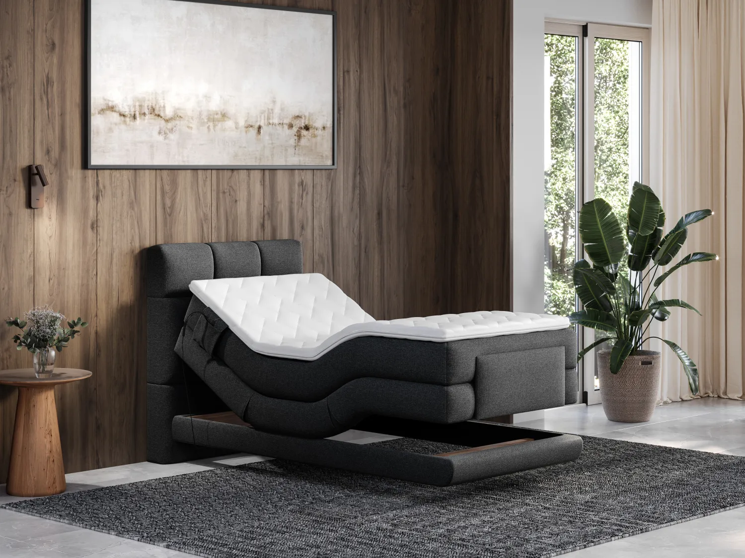 Ensemble complet boxspring tête de lit capitonnée + sommiers relaxation électrique + matelas + surmatelas - 100 x 200 cm - Tissu - Anthracite - LODI de PALACIO