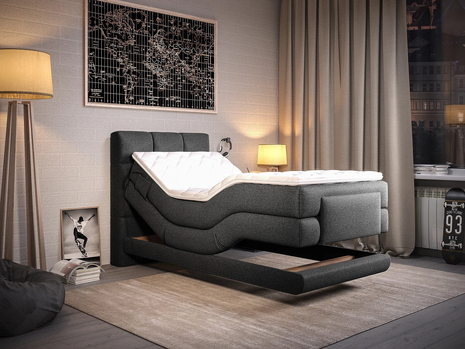 Boxspringbett mit gestepptem Kopfteil + elektrischem Untergestell mit Relaxfunktion + Matratze + Topper - 100 x 200 cm - Stoff - Anthrazit - LODI von PALACIO